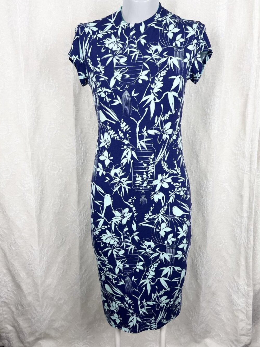 Tori Richard midi t-shirt dress stretch jersey blue tropical floral cut out back